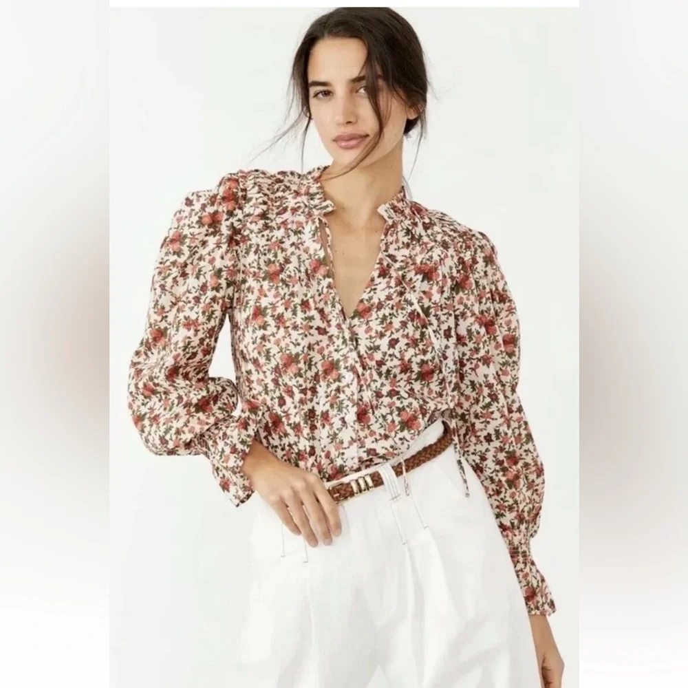 Free People Floral Print Long Sleeve Fall Puff Sleeve Shirt Peasant Size M